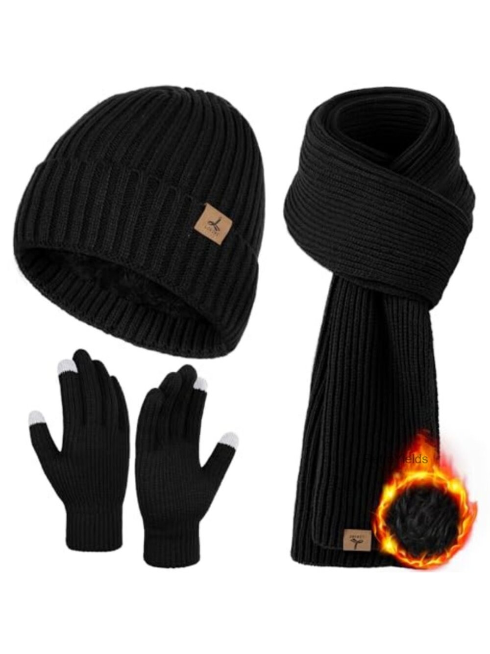 Men's Winter Hat Scarf Gloves Set Knitted Ribbed Beanie Touchscreen